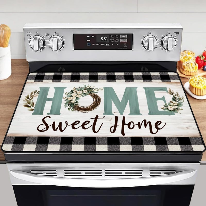 WRTCPOC Home Sweet Home Glass Stove Top Cover Protector – Vintage Glass Cooktop Protector,Buffalo Check Cooktop Mat for Ceramic Countertop Mats Electric Stove Cover Festive Decor - Image 1